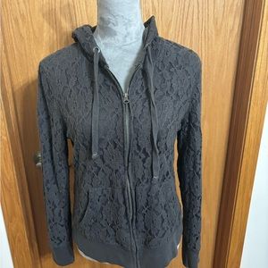 Aeropostale Women’s Dark Gray Lace Hooded Zip Up Sweatshirt Size XL